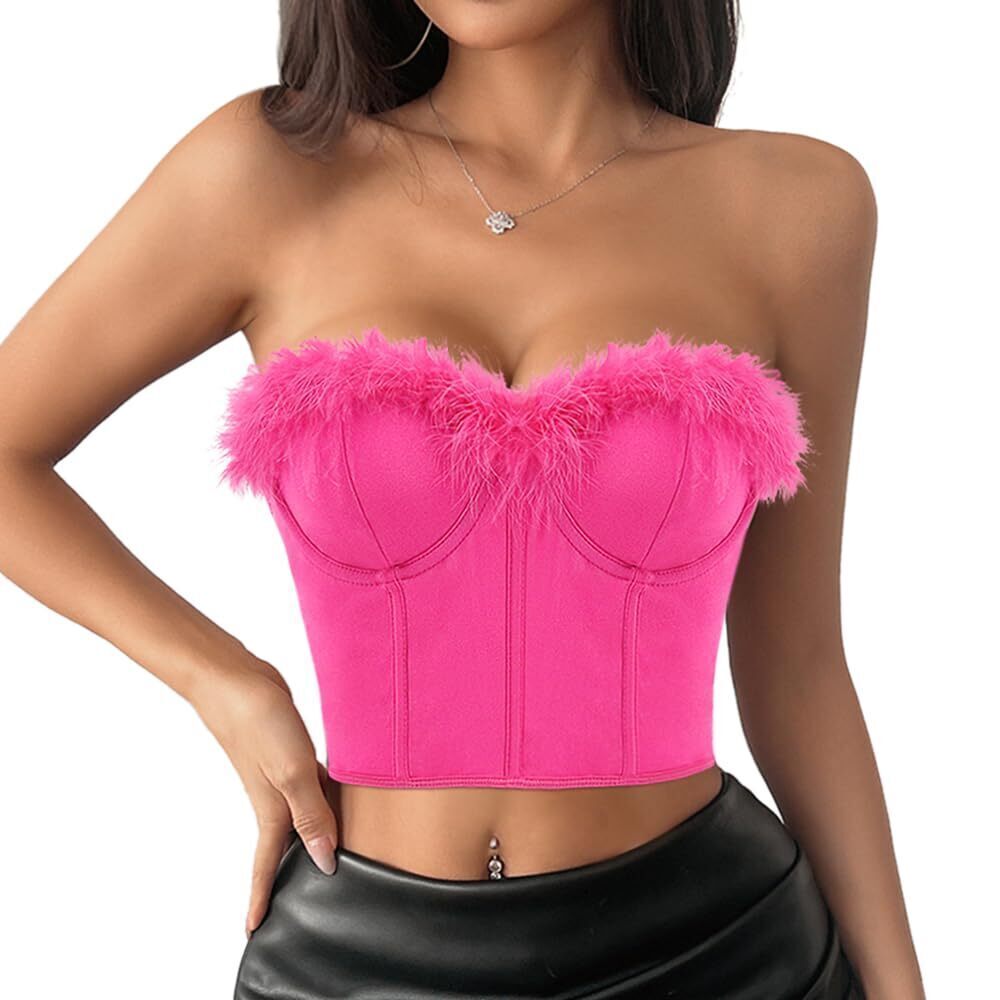9346 Faux Fur Crop Top Feather Corset Tops Sexy Going Out Strapless Tube